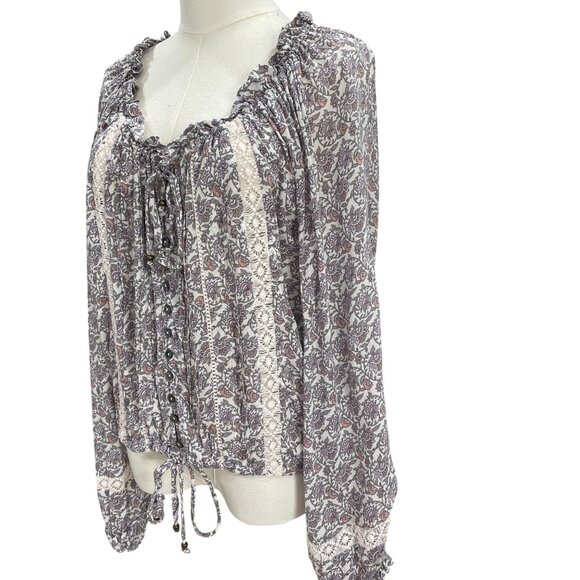 Olivaceous Boho Floral Peasant Blouse Cottagecore Lace Ruffle Dainty Tie Top M - Picture 6 of 11